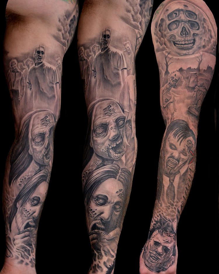 100 Black  White Zombie Movie Sleeve Tattoo Design png  jpg 2023