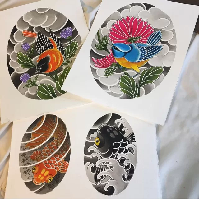 PRINTS are available of all these on KatanaTattoo.com under the store section. Large bluebird is sold on its own, the Kingyos are sold together, same with the two small greenbirds and the two medium birds are sold together also:) now go get yourself some!!!!😁😁😁thank you.  https://store.katanatattoo.com/